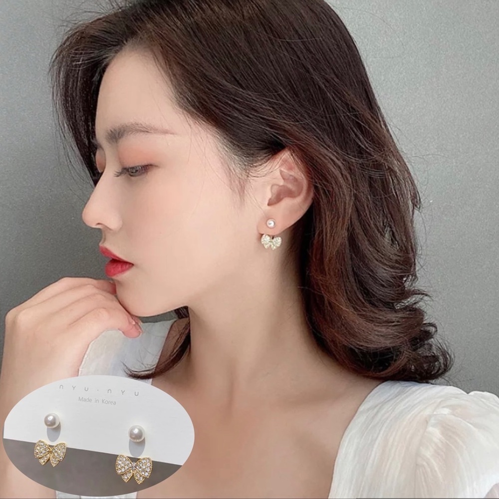 Elegant Pearl & Crystal Bow Gold Hanging Earrings